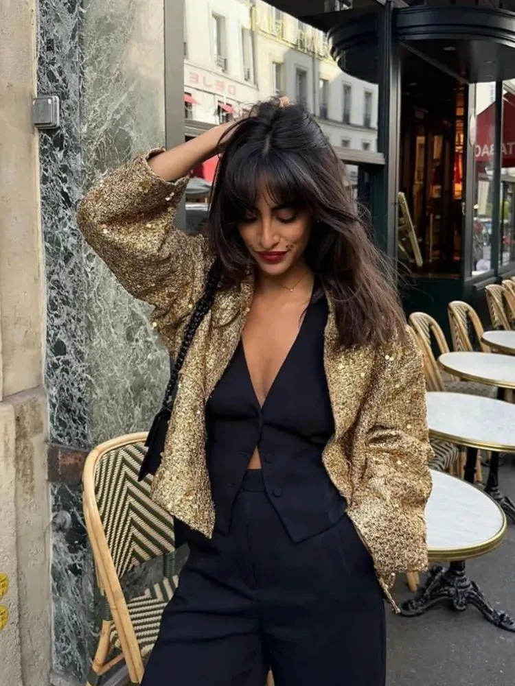 Women's Fall Fashion Shiny Sequin Jacket Y2k Gold Stand Collar Long Sleeve Short Coat Autumn Winter Office High Streetwear