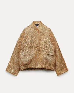 Women's Fall Fashion Shiny Sequin Jacket Y2k Gold Stand Collar Long Sleeve Short Coat Autumn Winter Office High Streetwear