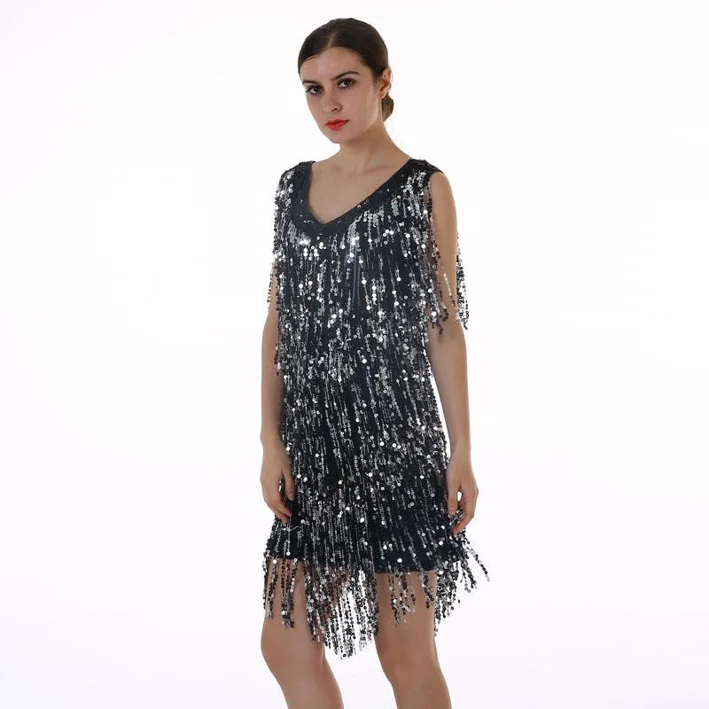 Women's Flapper Dress 1920s Tassel Sequined Party Black