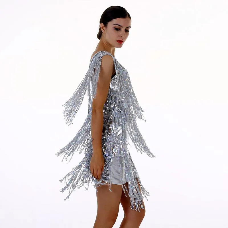 Women's Flapper Dress 1920s Tassel Sequined Party Silver