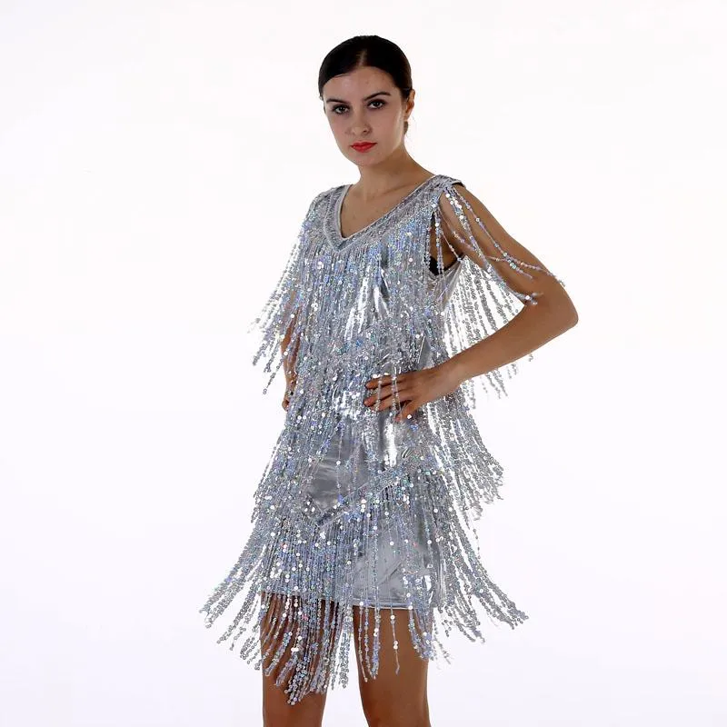 Women's Flapper Dress 1920s Tassel Sequined Party Silver