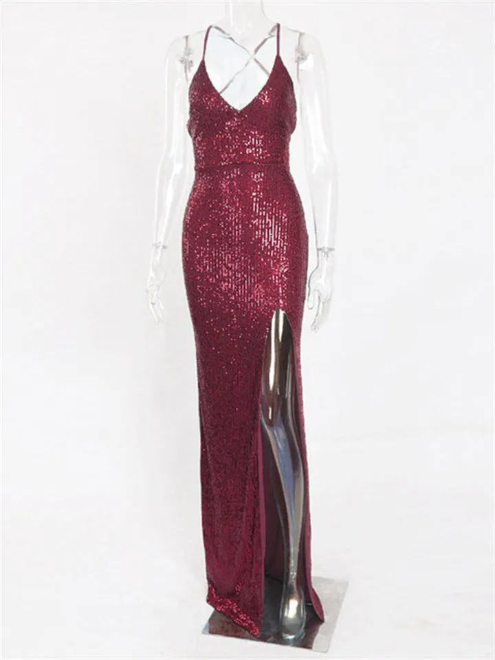 Women's Sexy Backless Slit Hem Sequined Maxi Evening Dresses