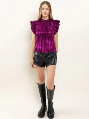 WOMEN'S SHORT SLEEVE PLEATED SHIMMER DETAILED BLOUSE TOP