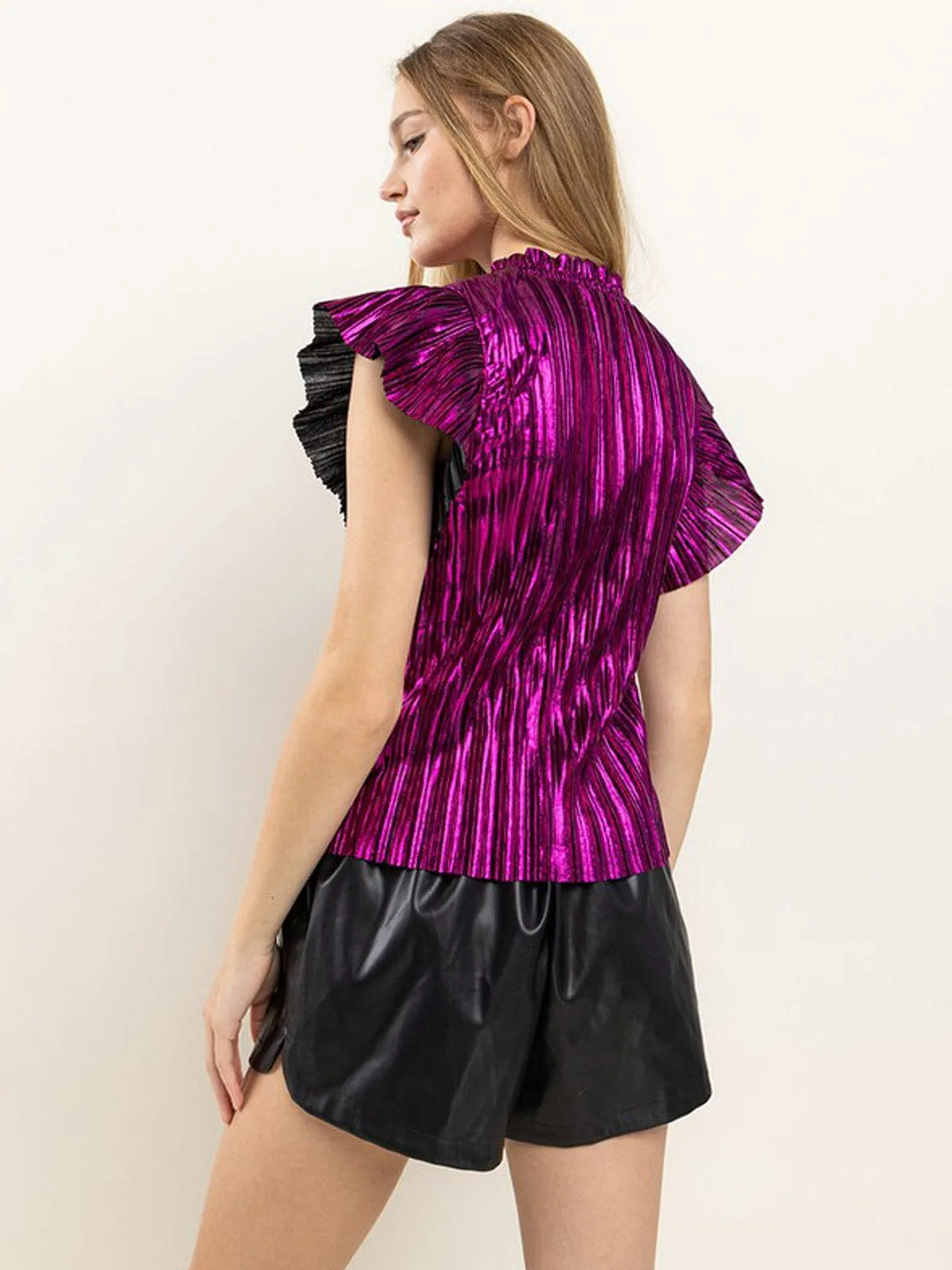WOMEN'S SHORT SLEEVE PLEATED SHIMMER DETAILED BLOUSE TOP