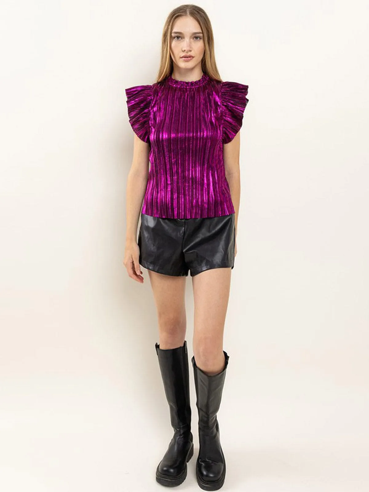 WOMEN'S SHORT SLEEVE PLEATED SHIMMER DETAILED BLOUSE TOP