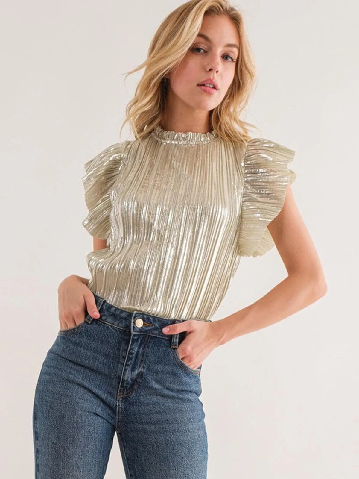 WOMEN'S SHORT SLEEVE PLEATED SHIMMER DETAILED BLOUSE TOP