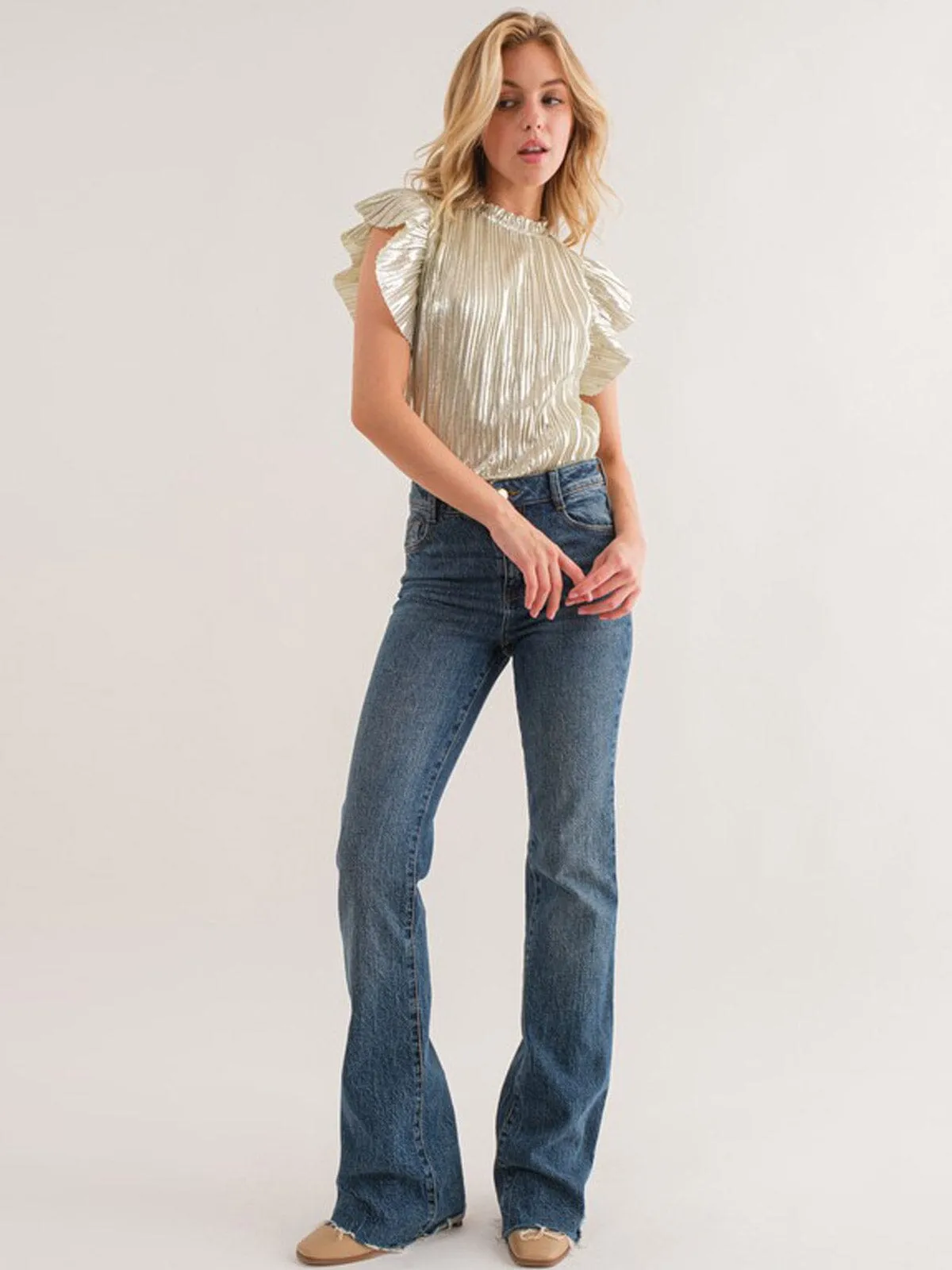 WOMEN'S SHORT SLEEVE PLEATED SHIMMER DETAILED BLOUSE TOP