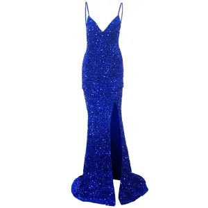Women's V-Neck Backless Stretch Sequined Mermaid Glamorous Maxi Dress with Split Sleeveless Open Back Floor Length Evening Wedding Party Prom Dress