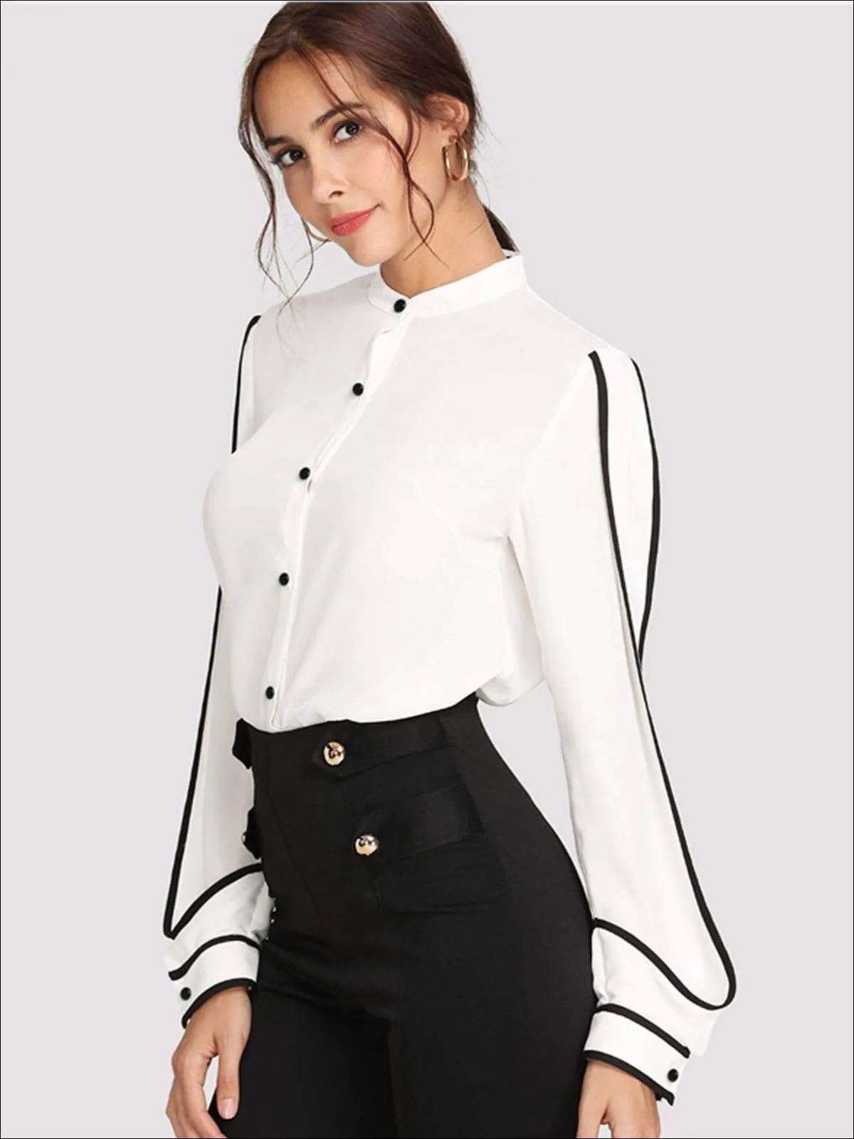 Women's White Button Up Long Sleeve Blouse