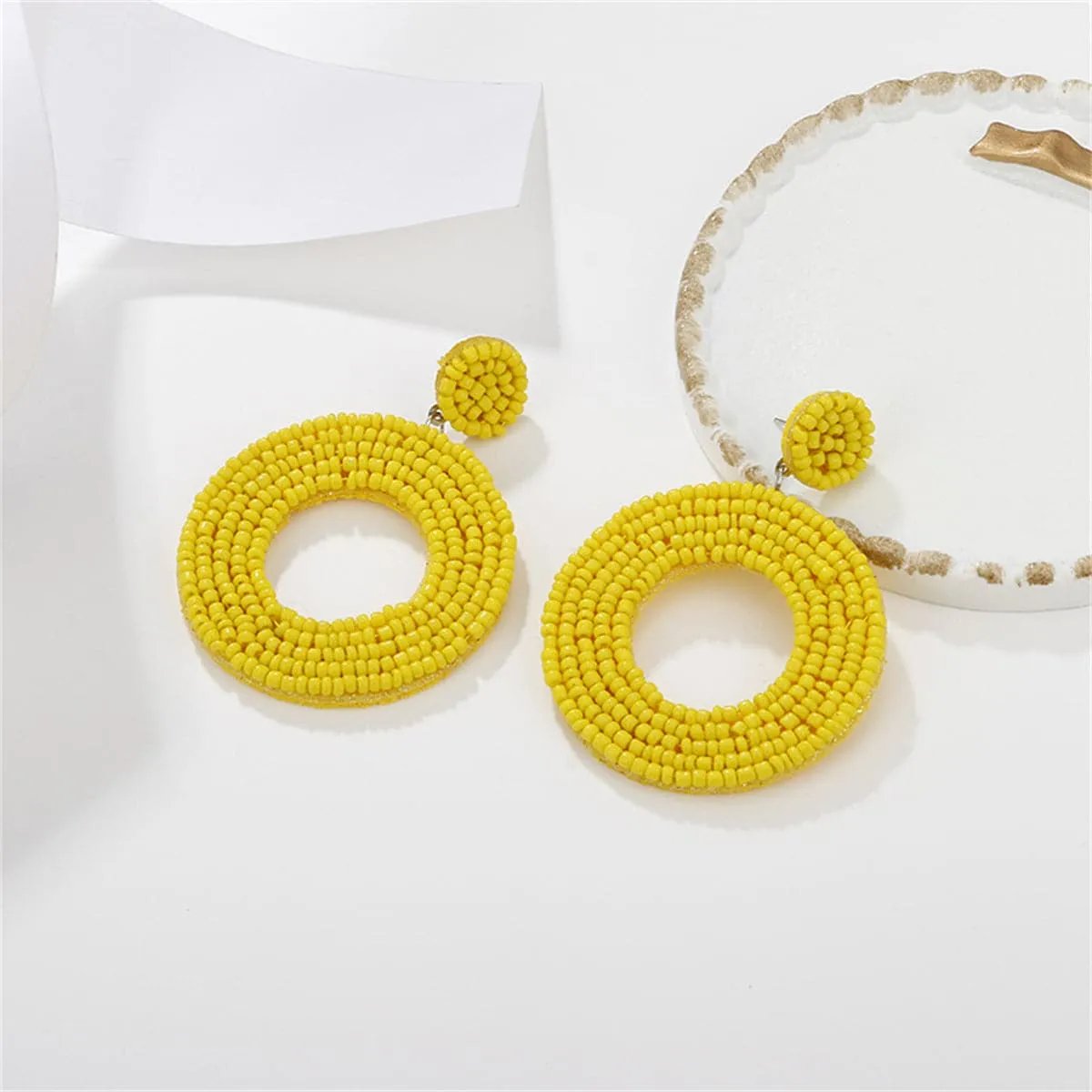 Yellow Howlite & Silver-Plated Beaded Round Drop Earring