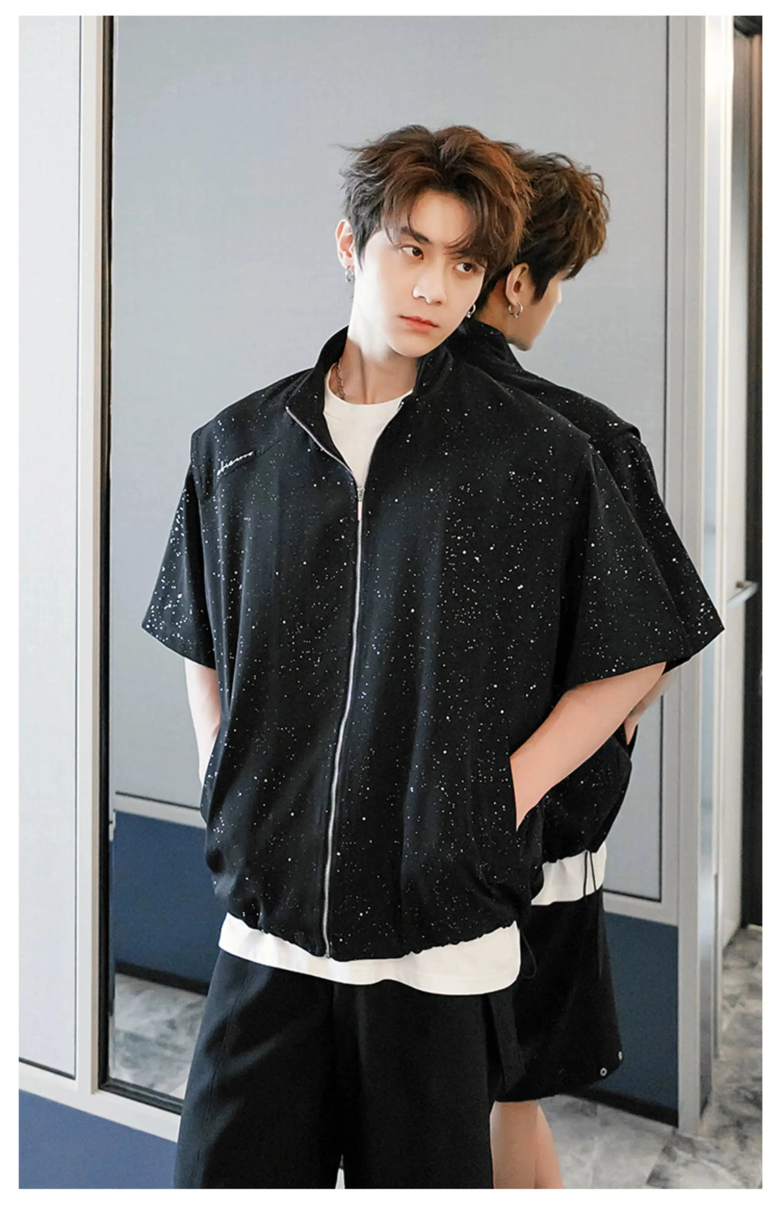 Zip-Up Short Sleeve Sequined Shirt
