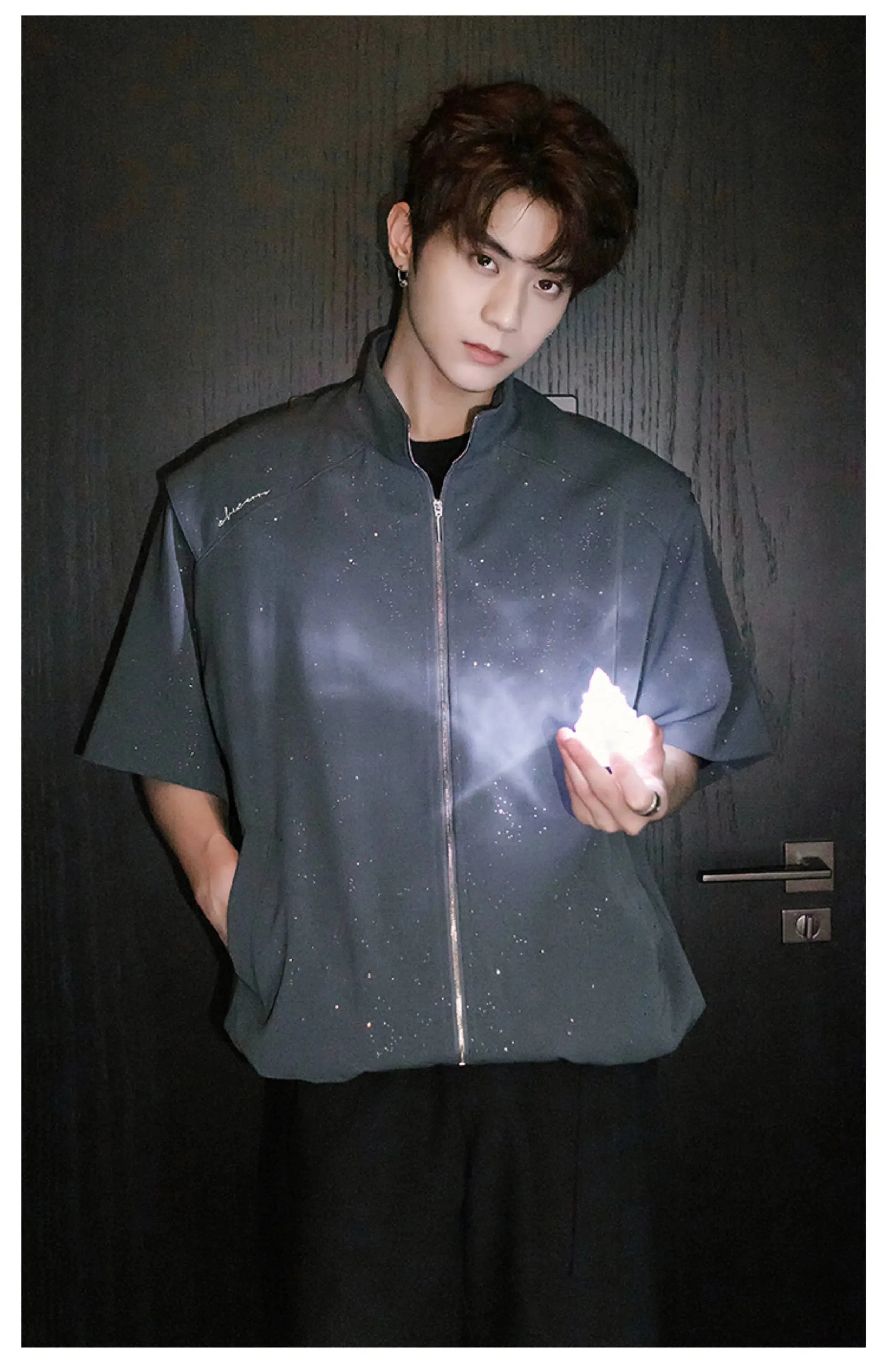 Zip-Up Short Sleeve Sequined Shirt