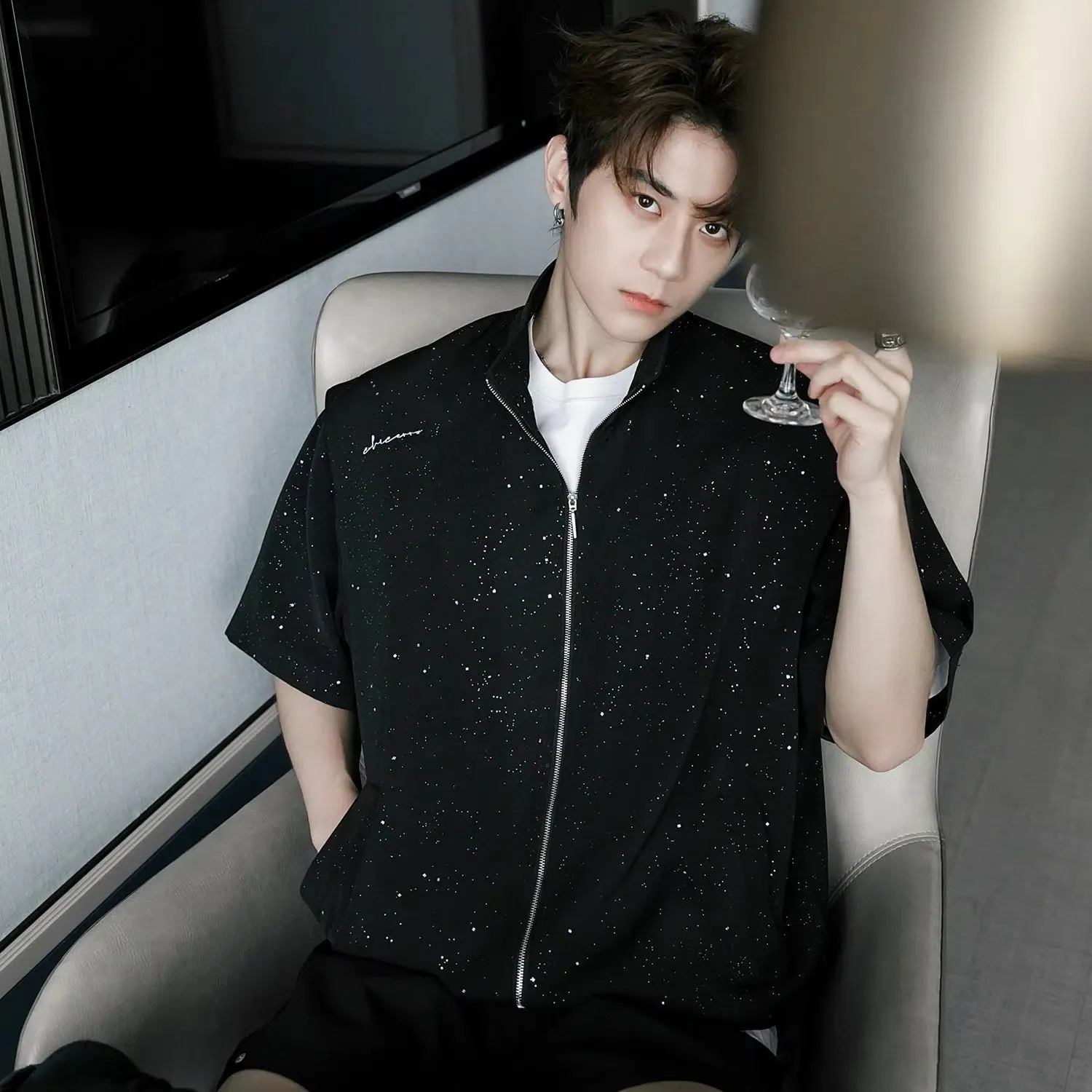 Zip-Up Short Sleeve Sequined Shirt