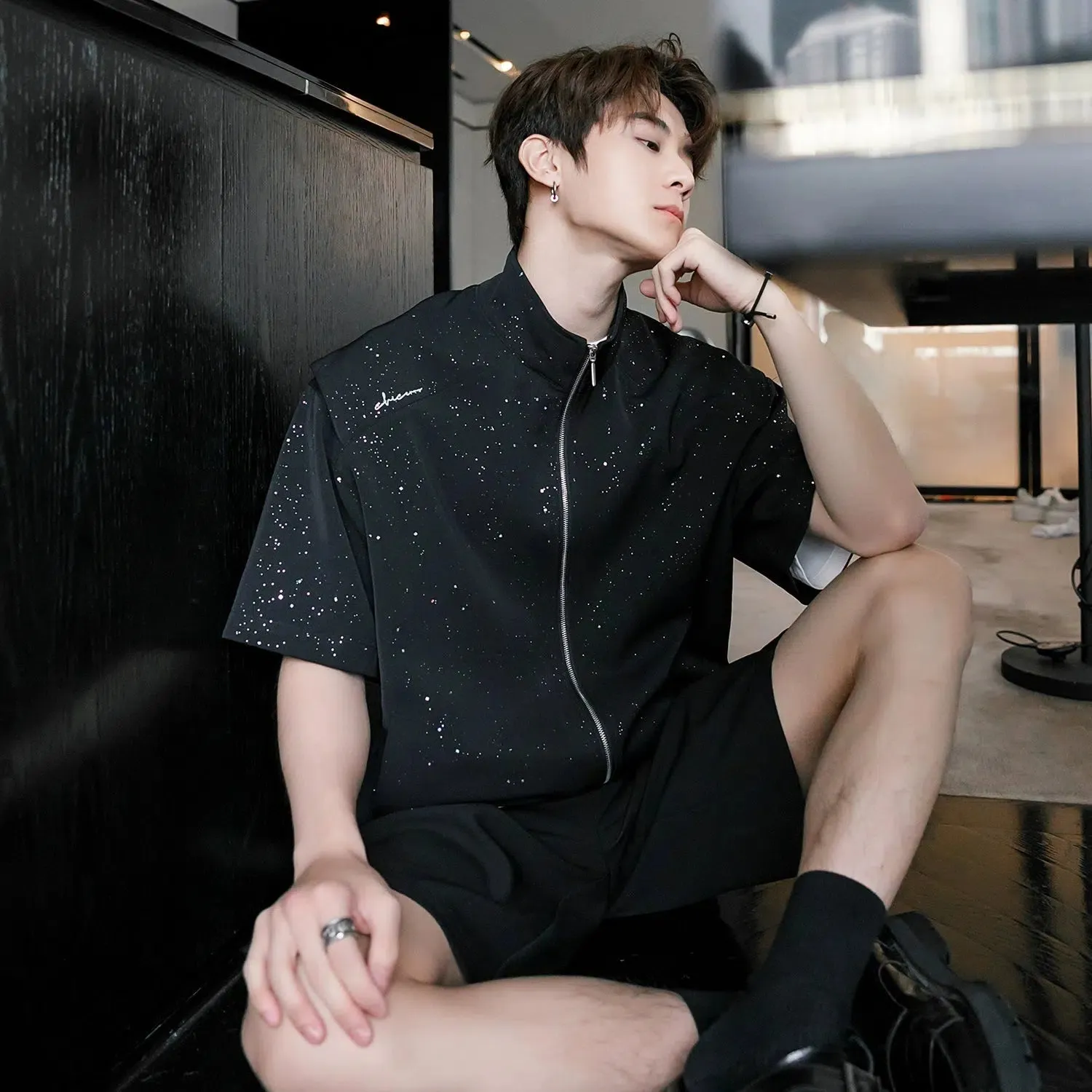 Zip-Up Short Sleeve Sequined Shirt