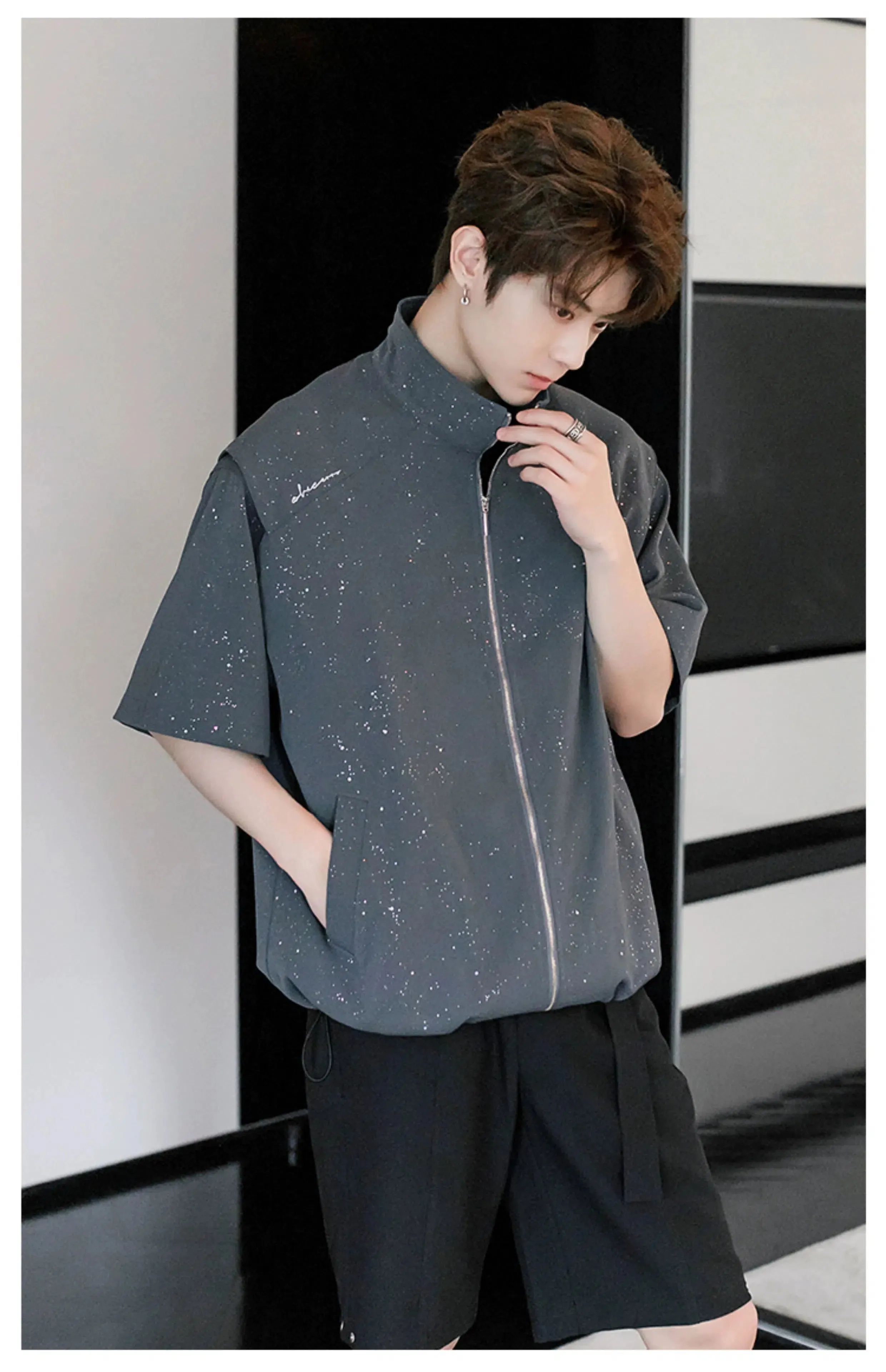 Zip-Up Short Sleeve Sequined Shirt