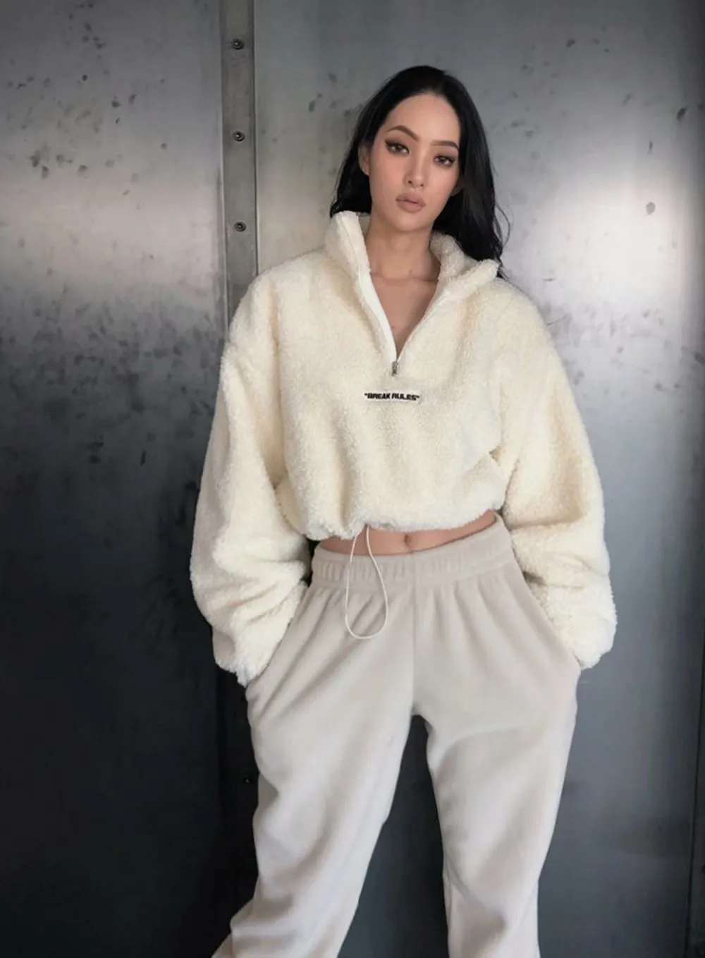 Zipper High Collar Lambswool Drawstring Crops Tops Sweatshirts