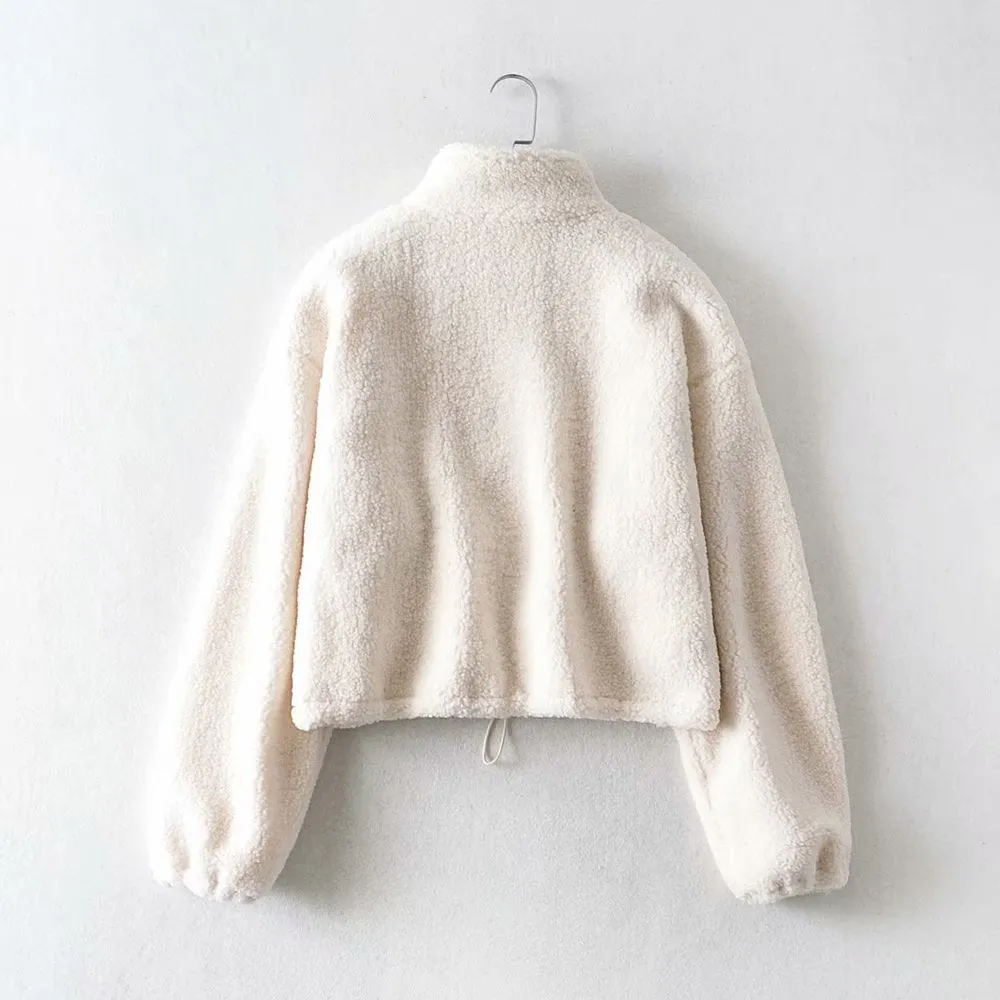 Zipper High Collar Lambswool Drawstring Crops Tops Sweatshirts